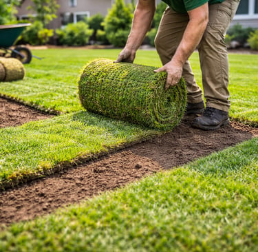 landscaping worker installing fresh sod to create a new residential lawn in Garner North Carolina