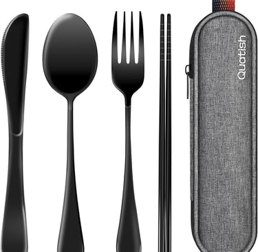 Quatish reusable travel utensils set with case, stainless steel fork and spoon neatly stored in a co