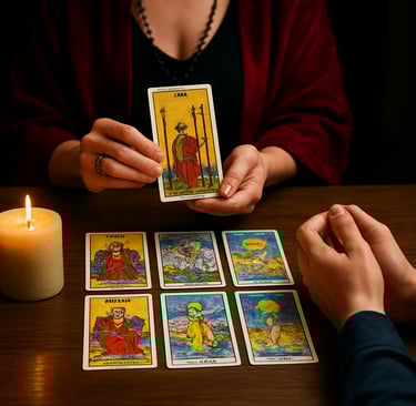 Close-up of a collection of rudraksha beads and colorful crystals arranged on a velvet cloth