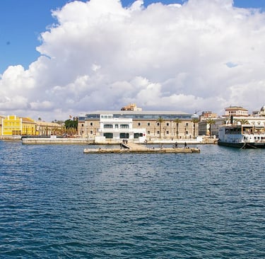 View of Cartagena from the port with the military zone (Arsenal) on the left and the city center on 