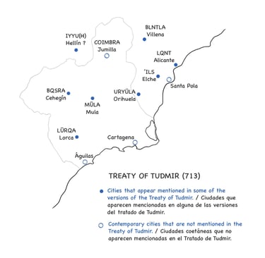 The cities of the Treaty of Tudmir according to: J.B. Vilar: History of the City and Bishopric of Or