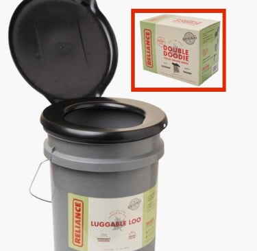 Two pictures combined: Luggable Loo bucket camping toilet and a box of waste disposal bags.