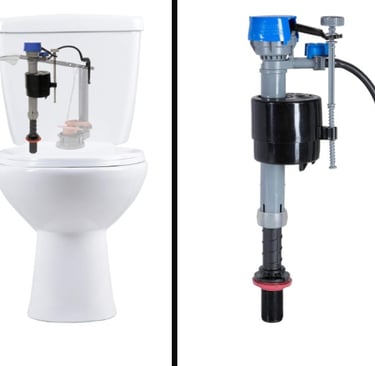 Collage showing a toilet fill valve and its placement in the tank.