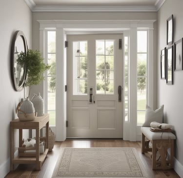 Modern farmhouse entryway with white double doors, black hardware, soft neutral decor, and natural l