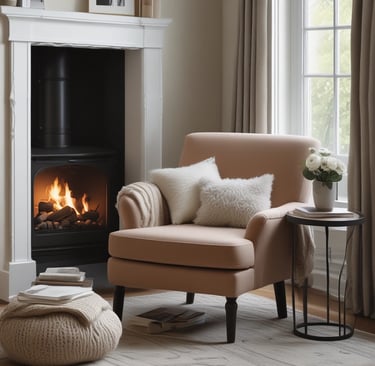 Cozy farmhouse living room seating with neutral chair, soft throw blanket, and warm fireplace lights
