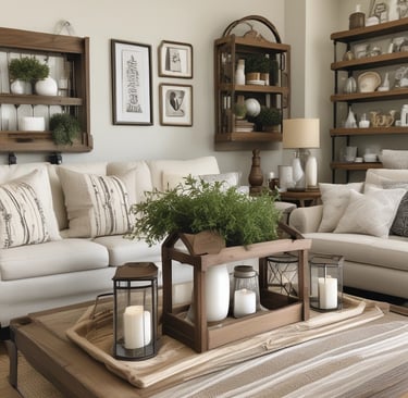 farmhouse living room with neutral seating, rustic wood accents, lanterns, and greenery