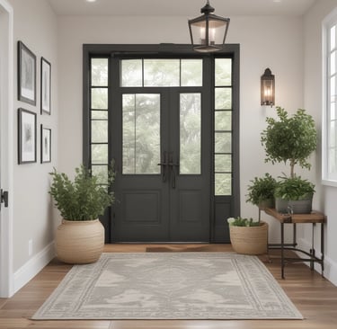 Modern farmhouse entryway with black double doors, neutral rug, potted plants, and lantern lighting