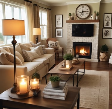Cozy farmhouse living room with warm lighting, neutral sofa, table lamps, and candles,