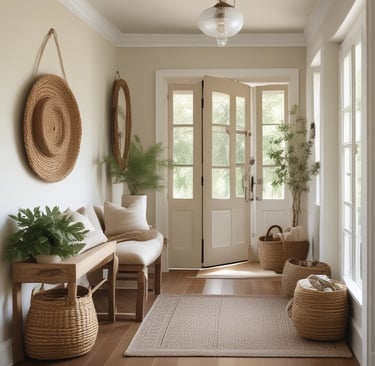 Modern farmhouse entryway with neutral decor, wicker baskets, potted plants, and a wooden bench.
