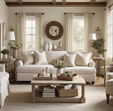 Cozy farmhouse living room featuring a white sofa, wooden coffee table, and neutral home decor.