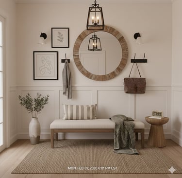 Modern farmhouse entryway with round wood mirror, neutral wall art, bench seating and cozy decor
