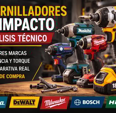 Comparativa de atornilladores de impacto DeWalt, Makita, Milwaukee y Bosch para análisis técnico.