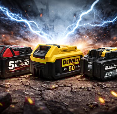 DeWalt, Milwaukee, and Makita power tool batteries on rocky ground with lightning and sparks.