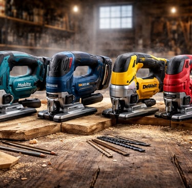 A variety of professional cordless jigsaw power tools on a wooden workbench in a workshop.
