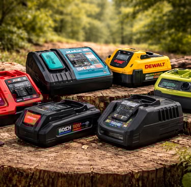 Collection of DeWalt, Bosch, and Milwaukee cordless power tool battery chargers on a tree stump outdoors.