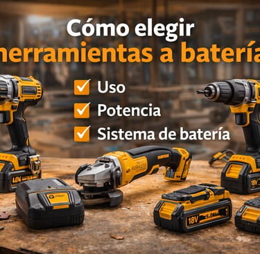 Guía sobre cómo elegir herramientas a batería: taladros, amoladora y baterías de 18V sobre mesa de madera.