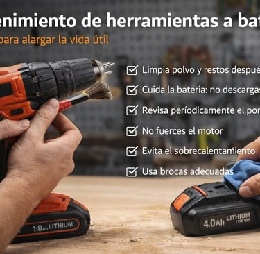 Mantenimiento de herramientas a batería con consejos para limpiar taladros y cuidar baterías de litio.