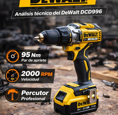 DeWalt DCD996 18V XR brushless cordless hammer drill on a workbench with technical specifications shown.