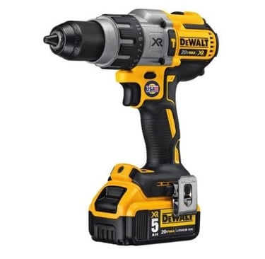 Yellow and black DeWalt 20V Max XR cordless hammer drill with battery pack.