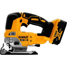 A cordless DeWalt XR 18V brushless jigsaw with a 5.0Ah lithium-ion battery on a white background.