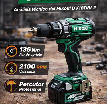 Green HiKOKI DV18DBL2 cordless hammer drill on a workbench with technical specs listed.
