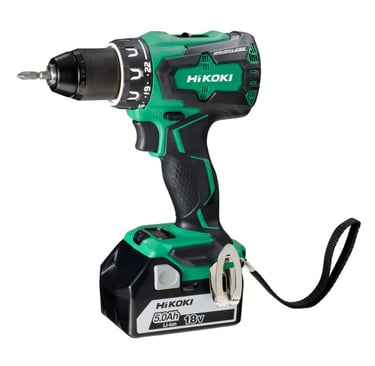 HiKOKI 18V brushless cordless drill driver with 5.0Ah lithium-ion battery on white background.