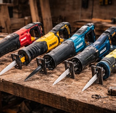 Cordless reciprocating saws from Milwaukee, DeWalt, Makita, and Ryobi on a wooden workbench.