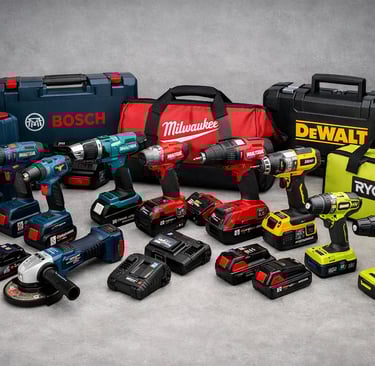 Collection of cordless power tools and batteries from DeWalt, Milwaukee, Bosch, and Ryobi brands.