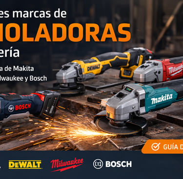 Comparativa de las mejores amoladoras a batería Makita, DeWalt, Milwaukee y Bosch en un taller profesional.