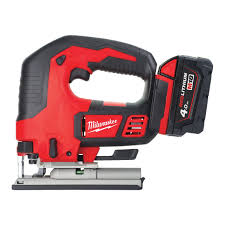 Milwaukee cordless jigsaw with M18 Redlithium battery for woodworking projects.
