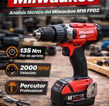 Milwaukee M18 FPD2 cordless hammer drill on a workbench with technical specs for torque and speed.