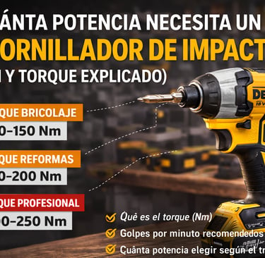 Guía de torque en Nm para atornillador de impacto DeWalt 18V según uso profesional o bricolaje.