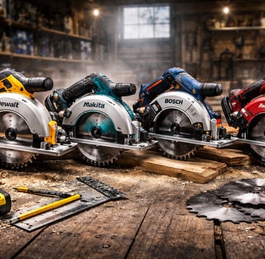 Professional circular saws from DeWalt, Makita, and Bosch on a wooden workbench in a workshop.
