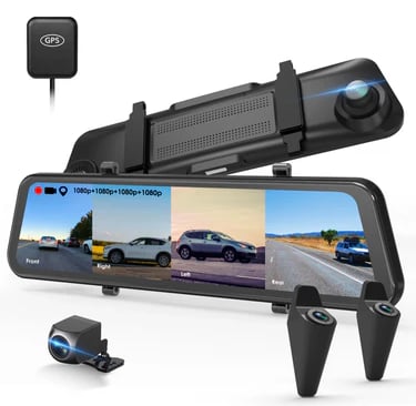 A 10-inch mirror dash cam system with four 1080p cameras and a GPS module for car security.