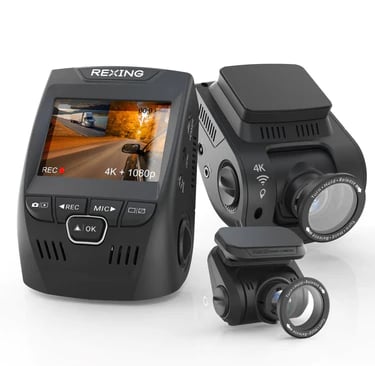 Rexing 4K dual dash cam system with front and rear cameras for vehicle security and recording.