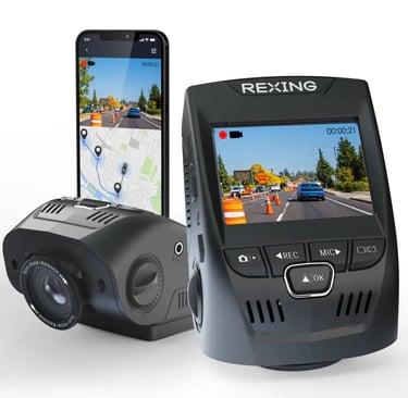 Rexing dash cam with built-in GPS and mobile app tracking for vehicle safety and recording.