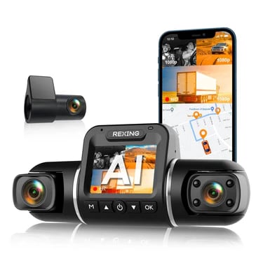 Rexing AI dual dash cam with 1080p video recording and smartphone app integration for vehicle security.