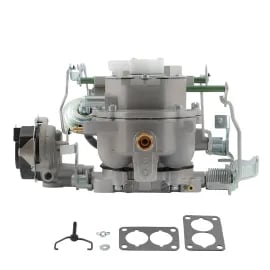 A new 2-barrel automotive carburetor assembly with gasket kit and mounting hardware for engine fuel systems.