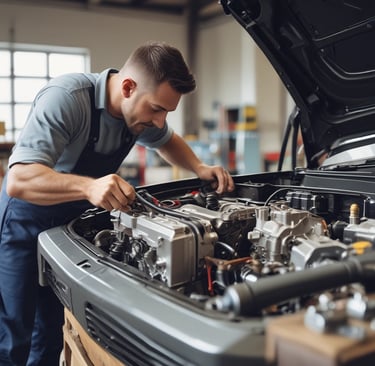 Professional auto mechanic inspecting a car engine under the open hood in a repair shop service center.