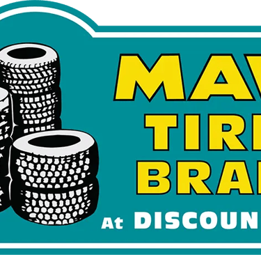 Mavis Tires and Brakes logo featuring stacked tires and discount prices text.