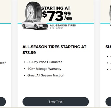 Mavis tire deals featuring discounts on all-season and SUV tires with prices starting at $73.99.