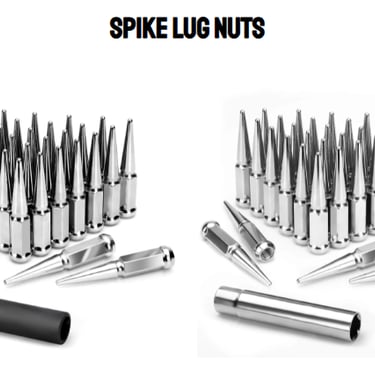 Sets of chrome and black spike lug nuts for custom aftermarket vehicle wheels.