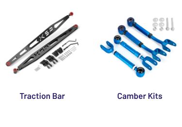 Product catalog of KSP performance suspension parts including control arms, traction bars, and camber kits.