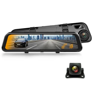 A dual-lens smart rearview mirror dash cam featuring a digital touchscreen display and rear-view backup camera.