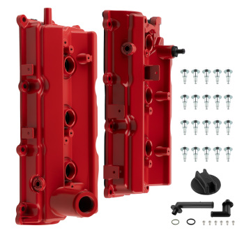 Red powder coated engine valve covers with mounting bolts and hardware kit for automotive performance.