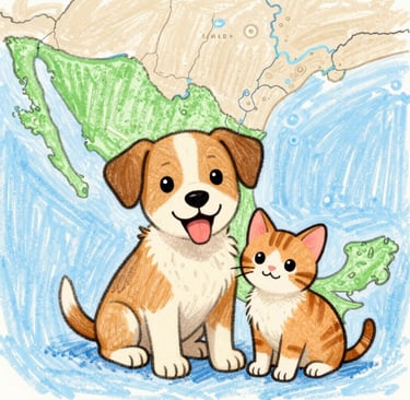 Dibujo a crayón de un lindo cachorro y un gatito sentados frente a un mapa verde de México.