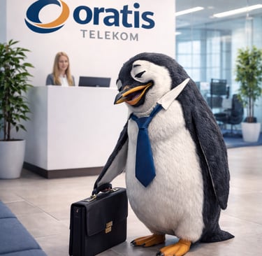 Oratis Telekom ofisinde, iş çantası taşıyan kravatlı penguen maskotu kurumsal atmosferde görülüyor.