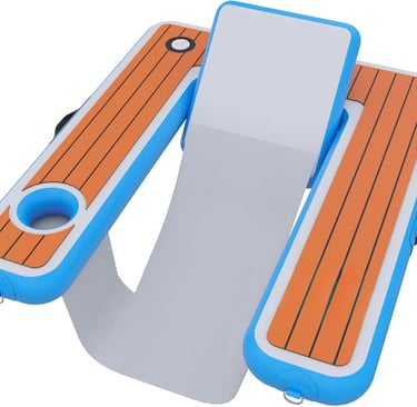 Blue inflatable floating pool chair with teak wood pattern armrests and cup holders.