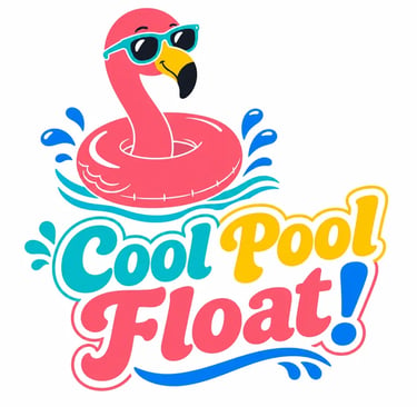 A cartoon flamingo with sunglasses inside a pink pool float with the text Cool Pool Float.