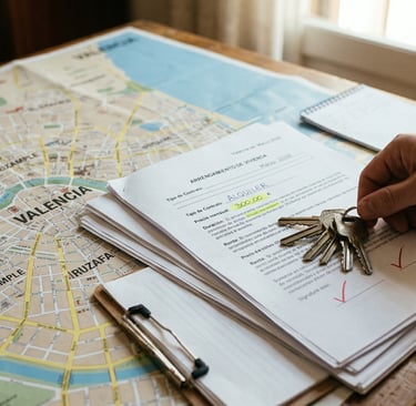 Primer plano de una mano firmando un contrato de alquiler en Valencia con un manojo de llaves sobre el documento